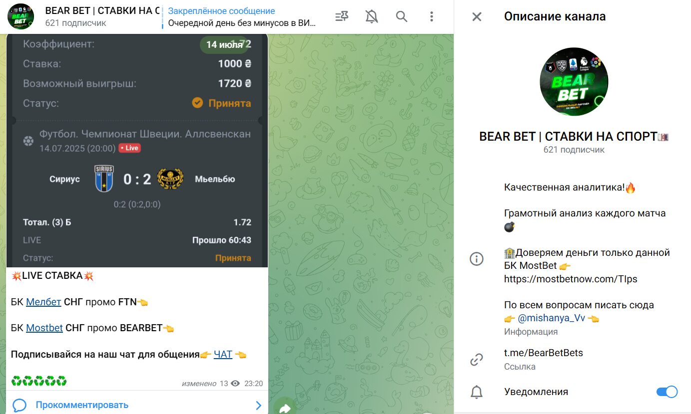 BEAR BET СТАВКИ НА СПОРТ канал в ТГ