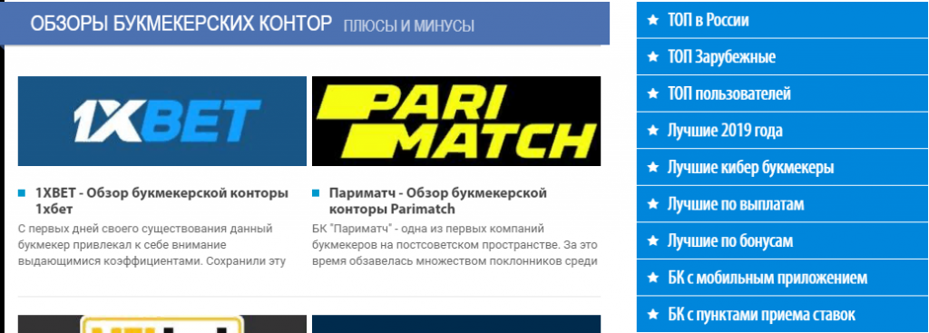 Разделы сайта РейтингБет